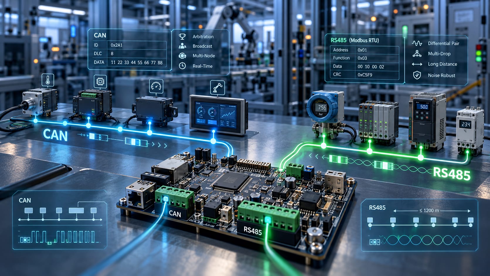 Placa eletrônica embarcada com interfaces CAN e RS485 conectada a sensores, controladores e inversores em um ambiente industrial