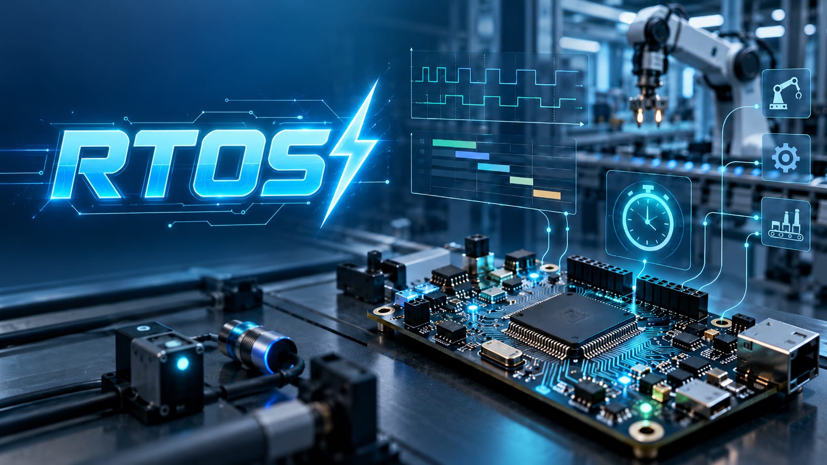 RTOS: placa eletrônica com microcontrolador em ambiente industrial, com ícones de cronômetro, escalonamento de tarefas e braço robótico