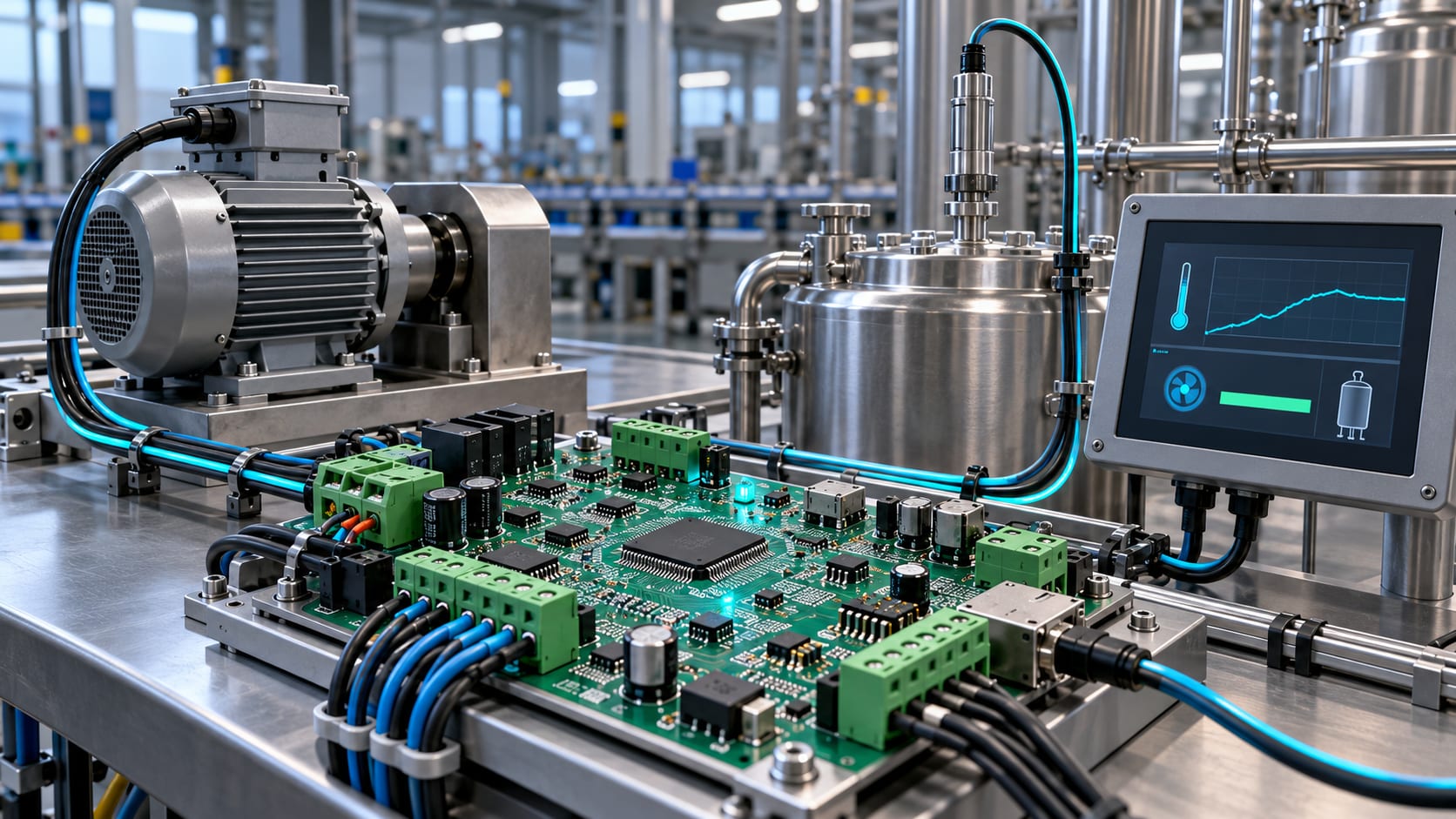 Equipamento industrial com placa eletrônica microcontrolada, motor, tanque de aço inox e painel de controle